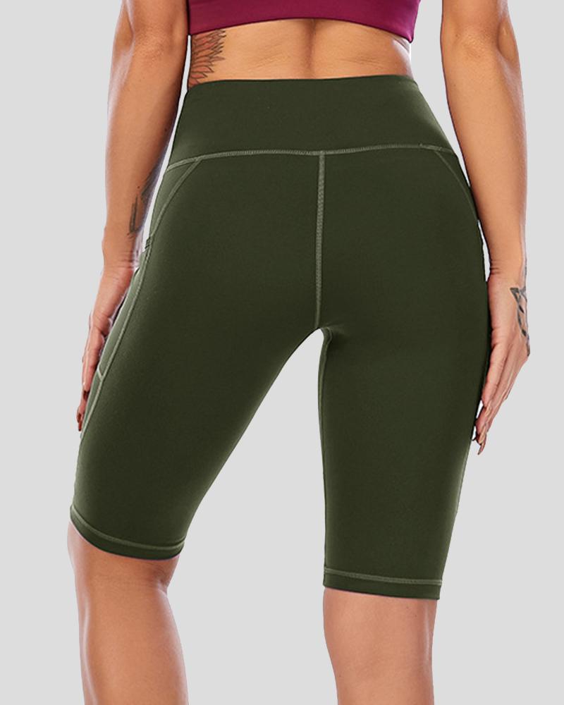 Contrast Stitch Pocket Decor Wide Waistband Sports Shorts-Pinkami