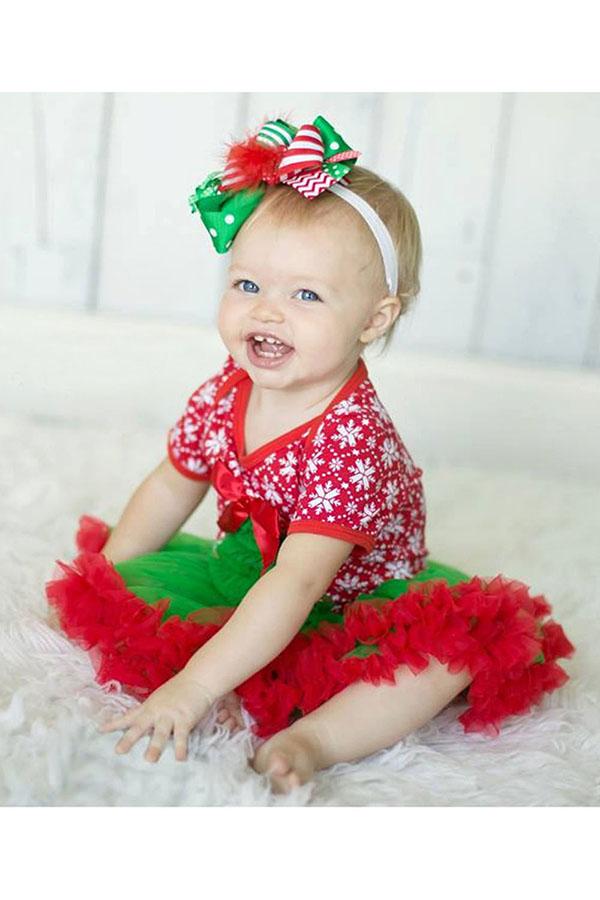 Short Sleeve Snowflake Print Baby Girls Christmas Tree Dress Green-Pinkami
