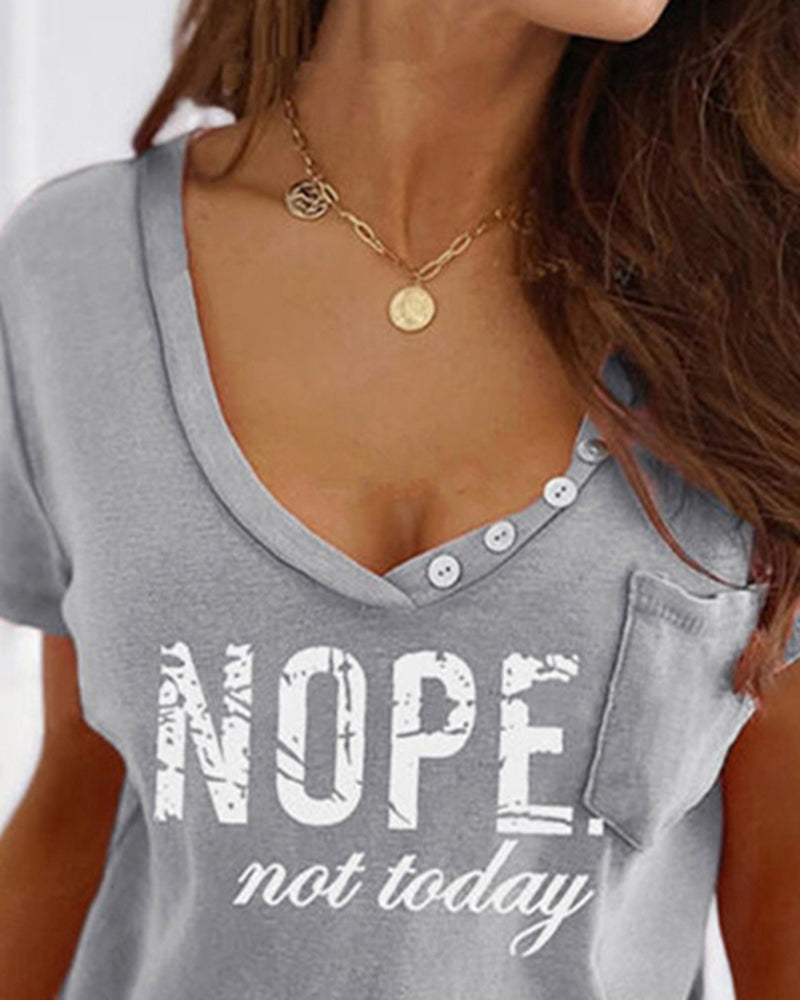 Letter Print Button Decor Patched Pocket T-Shirt-Pinkami