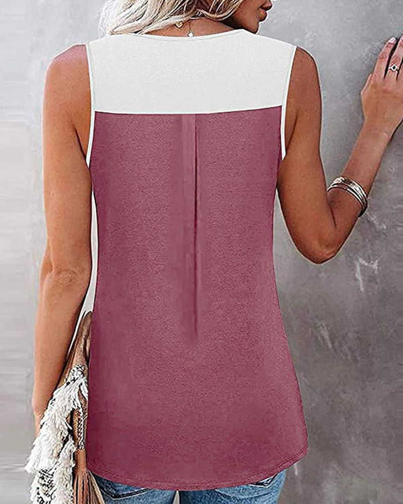 Two Tone Half Button Ruched Tank Top-Pinkami