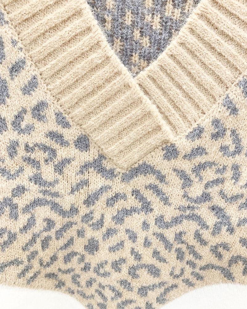 Colorblock Leopard Print Overlap Collar Sweater-Pinkami