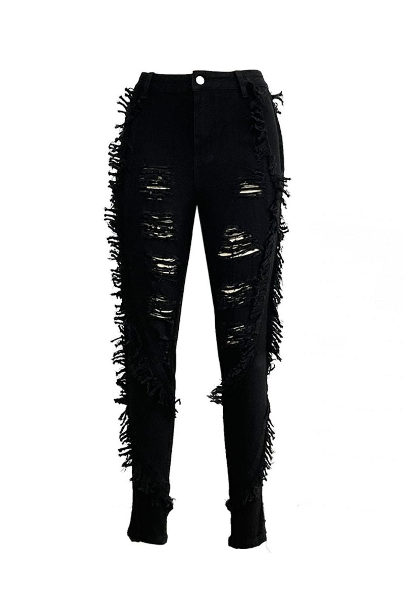 Ripped Fringe Trim High Waist Skinny Jeans