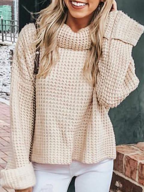 Casual Solid Color Knitted Turtleneck Sweater-Pinkami