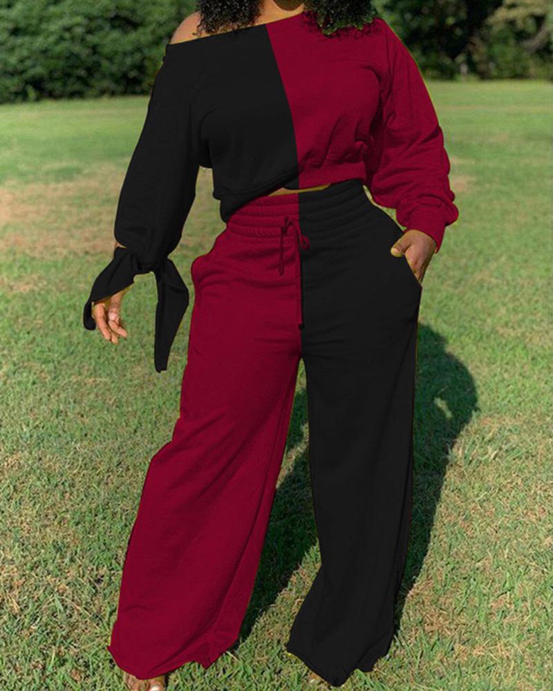 Two Tone Asymmetrical Boat Neck Top & Pants Set-Pinkami