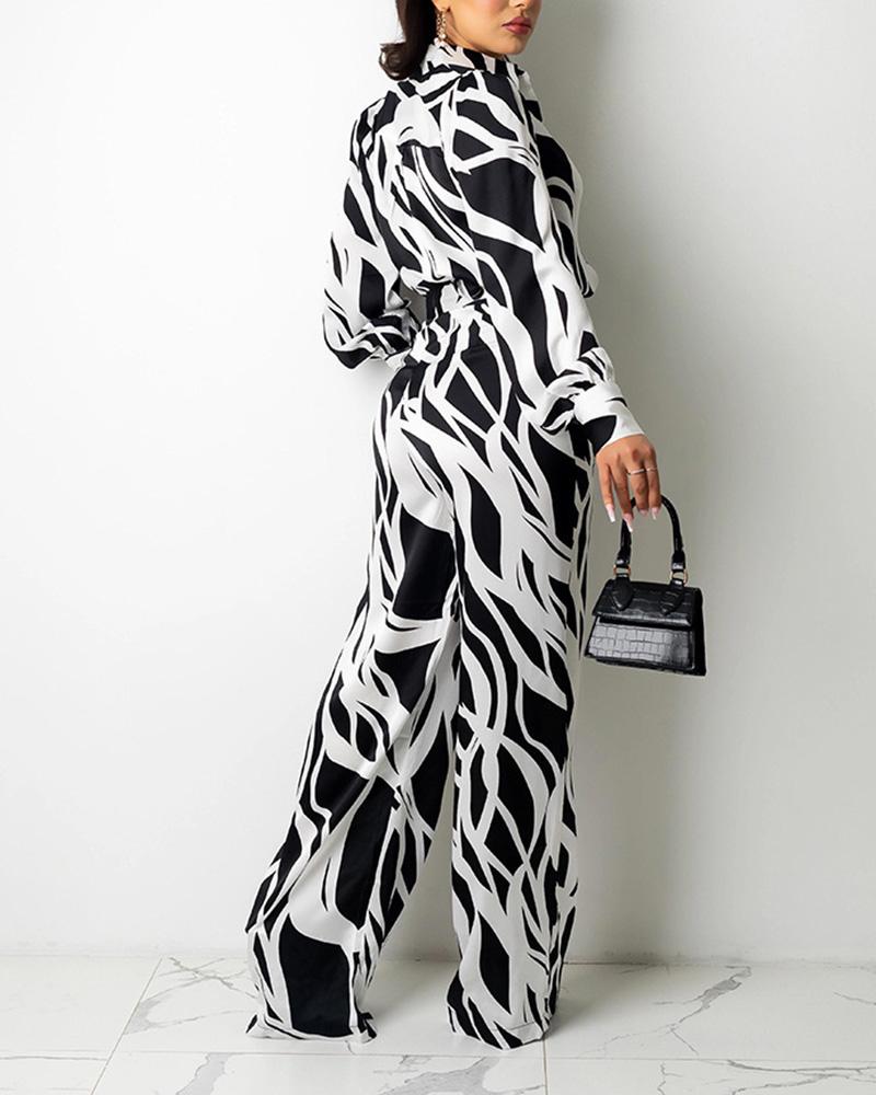 Allover Print Belted Button Up Shirt & Wide Leg Pants-Pinkami