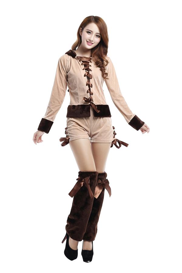 Fancy Lace Up Christmas Reindeer Santa Helper Costume Apricot-Pinkami