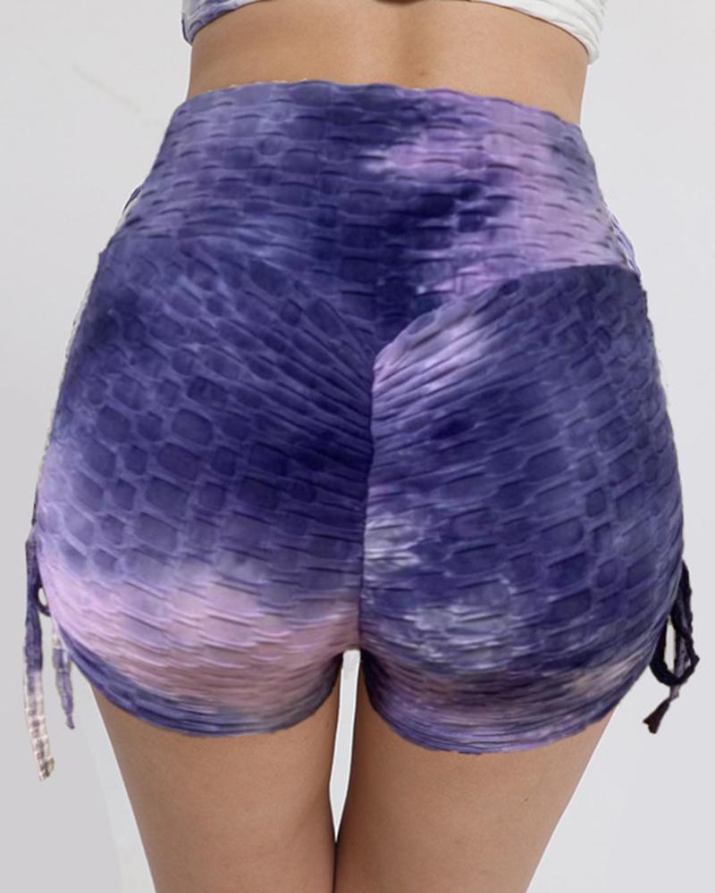 Tie Dye Textured Drawstring Side Butt Lifting High Waist Sports Shorts-Pinkami