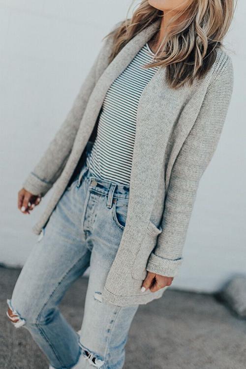 Simple Double Pocket Knit Cardigan-Pinkami