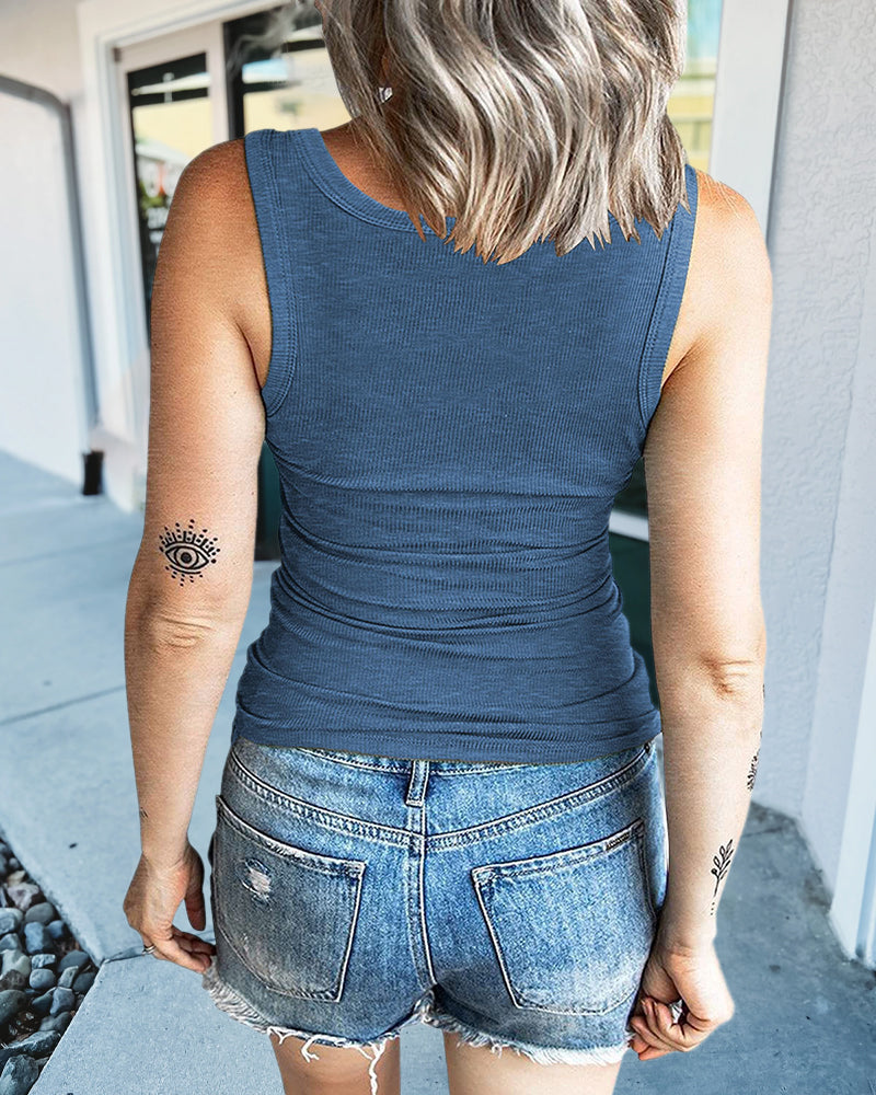 Half Button Placket Ribbed Tank Top-Pinkami