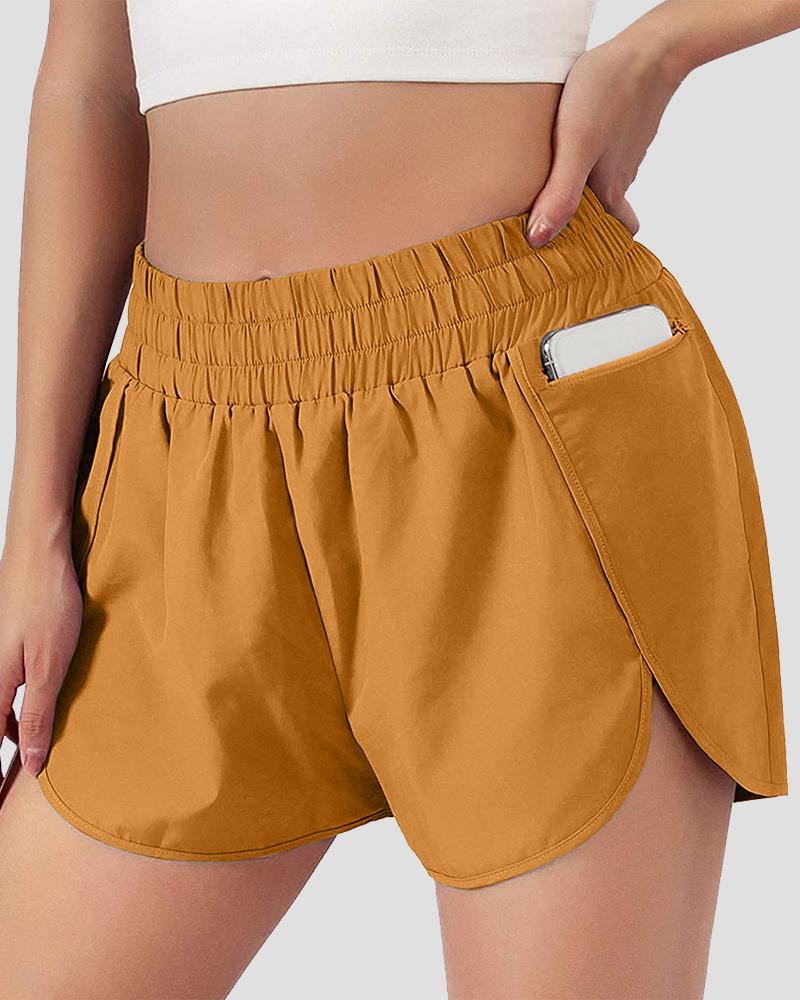 Pocket Decor Overlap Hem High Waist Sports Shorts-Pinkami