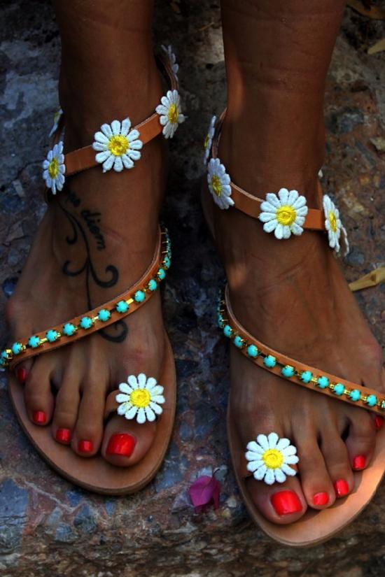 Boho Bead Daisy Embellished Flat Sandals-Pinkami