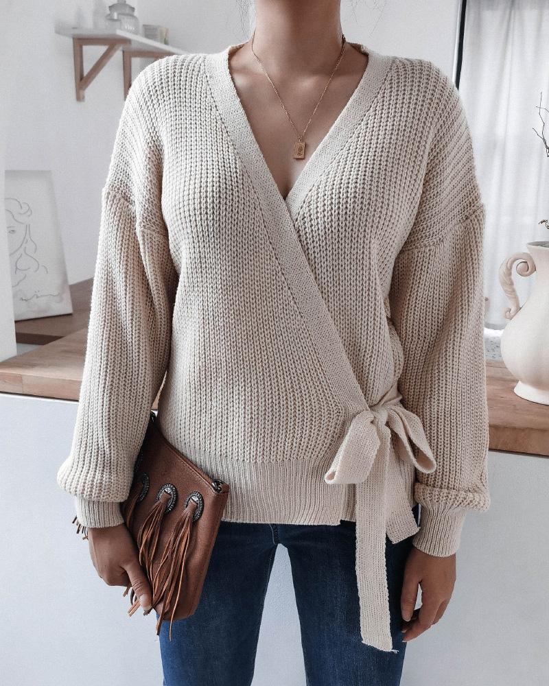 Solid Rib-Knit Surplice Tie Side Sweater-Pinkami