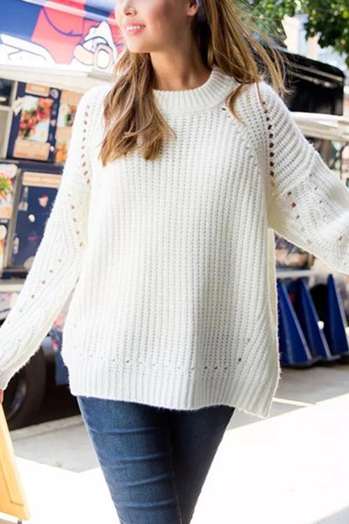 Round Neck Pullover Openwork Sweater-Pinkami