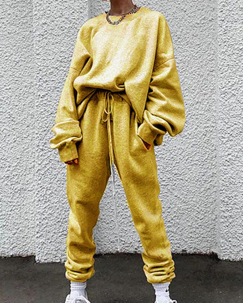 Solid Drawstring Waist Slant Pocket Elastic Hem Sweatshirt & Pants Set-Pinkami