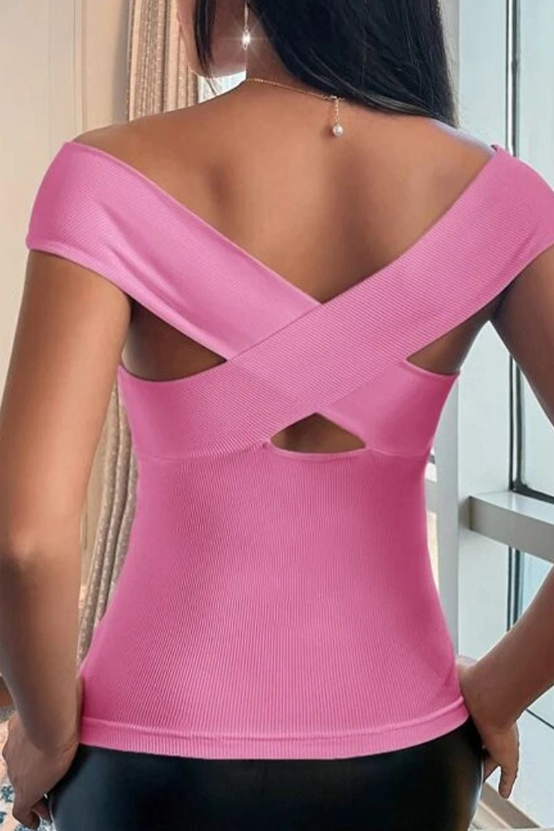 Solid Ribbed Criss Cross Off Shoulder T-Shirt-Pinkami