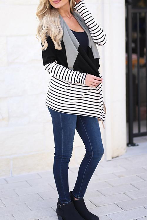 Casual Stitching Striped Cardigan-Pinkami