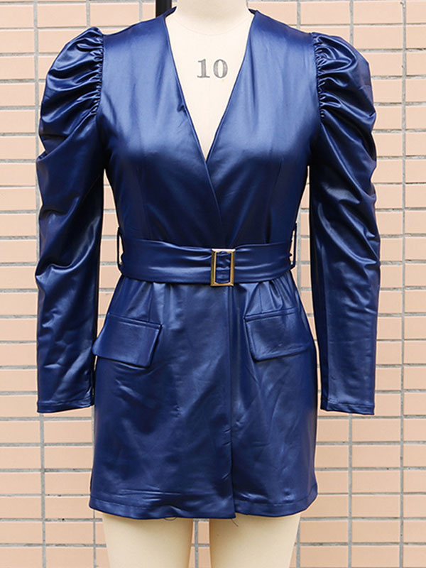 Burgundy Long Sleeves Sash PU Leather Short Mini Dress