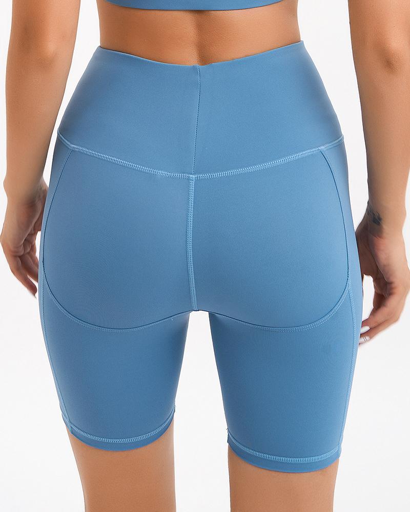 Solid Stitch Trim High Waist Biker Sports Shorts-Pinkami