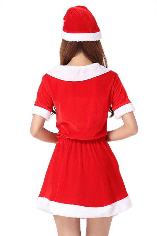 Women Cute Red Short Sleeve Pleuche Santa Costume-Pinkami