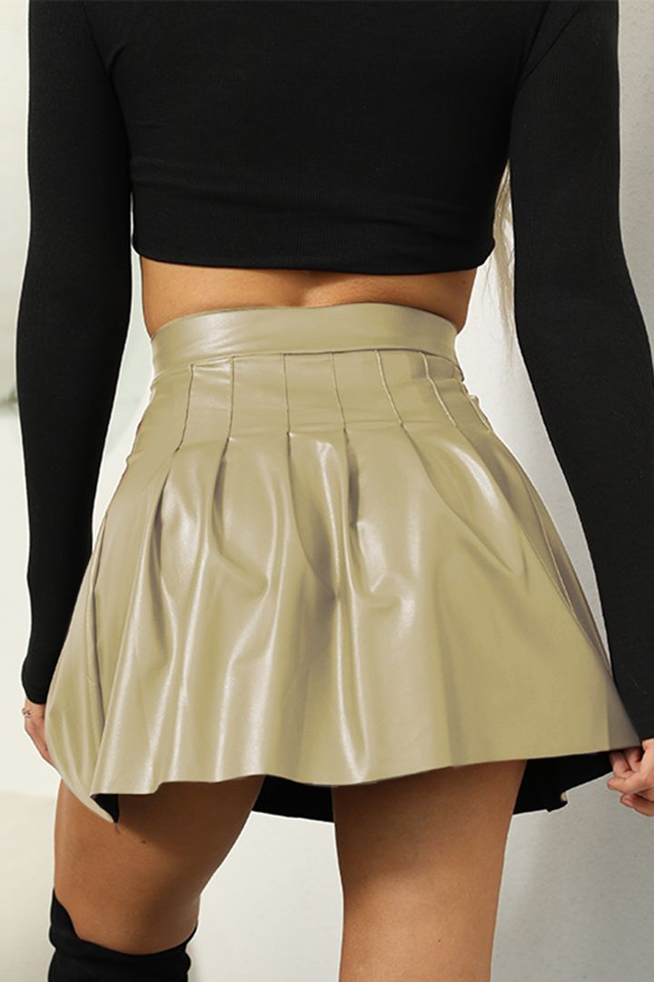 PU Leather Solid Pleated High Waist Mini Skirt