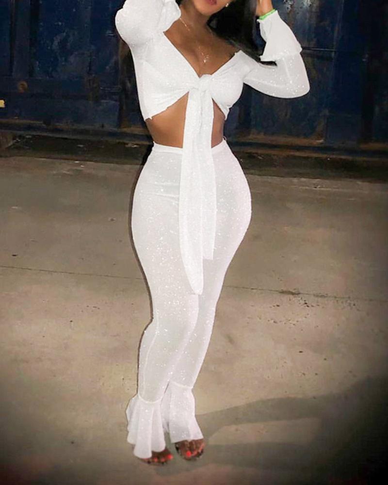 Sequins Bell Hem Tie Front Long Sleeve Crop Top & Pants Set-Pinkami