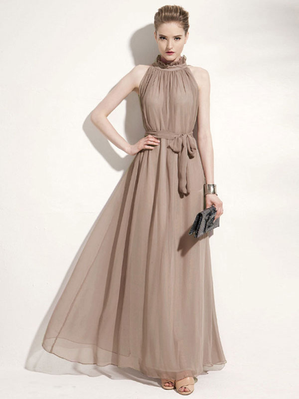 Purple Jewel Neck Lace Up Chiffon Maxi Beach Dress