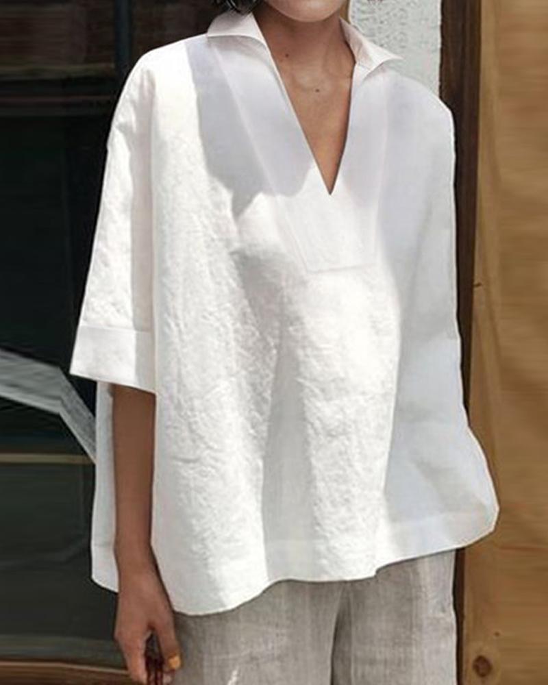 Linen V-Neck Loose Top-Pinkami