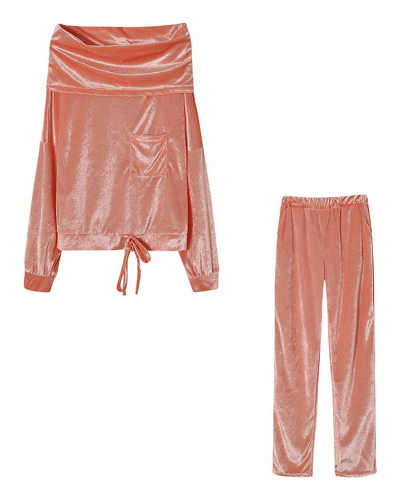 Solid Velvet Drawstring Boat Neck Top & Pants Set-Pinkami