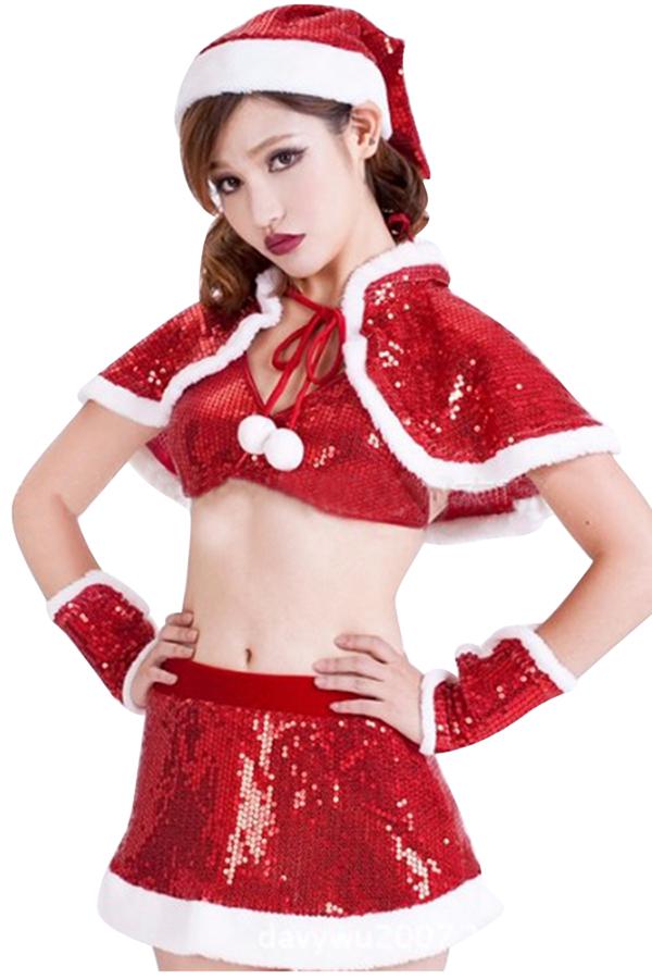 Womens Sexy Sequin Cape Crop Top Christmas Santa Costume Red-Pinkami