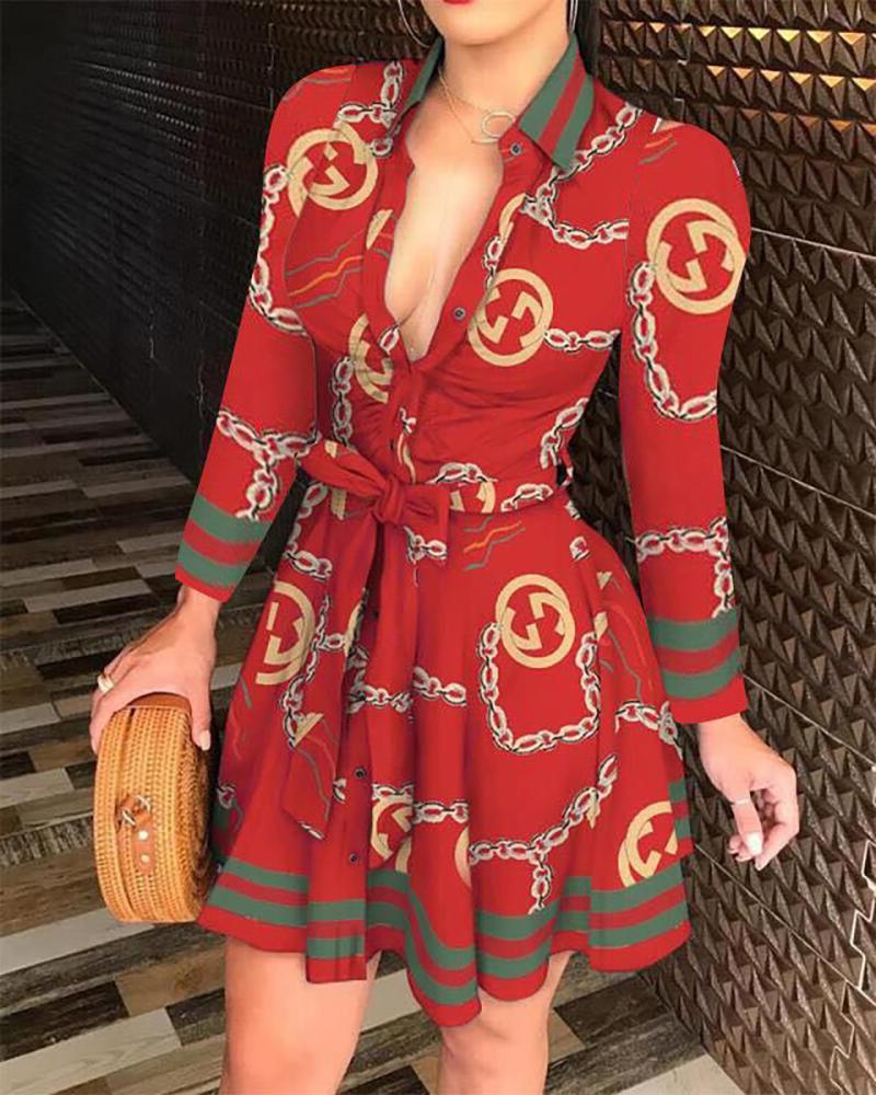 Mixed Print Buttoned Long Sleeve Ruffles Dress