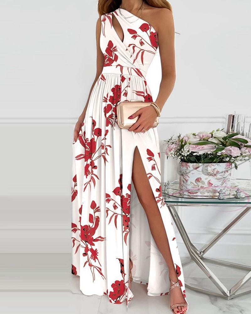 Floral Print Wrap Cut Out Split Thigh One Shoulder Maxi Dress
