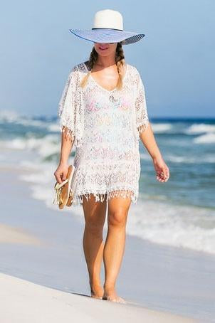 White Crochet Hollow Out Tassel V Neck Sexy Beach Cover Up Tunic-Pinkami