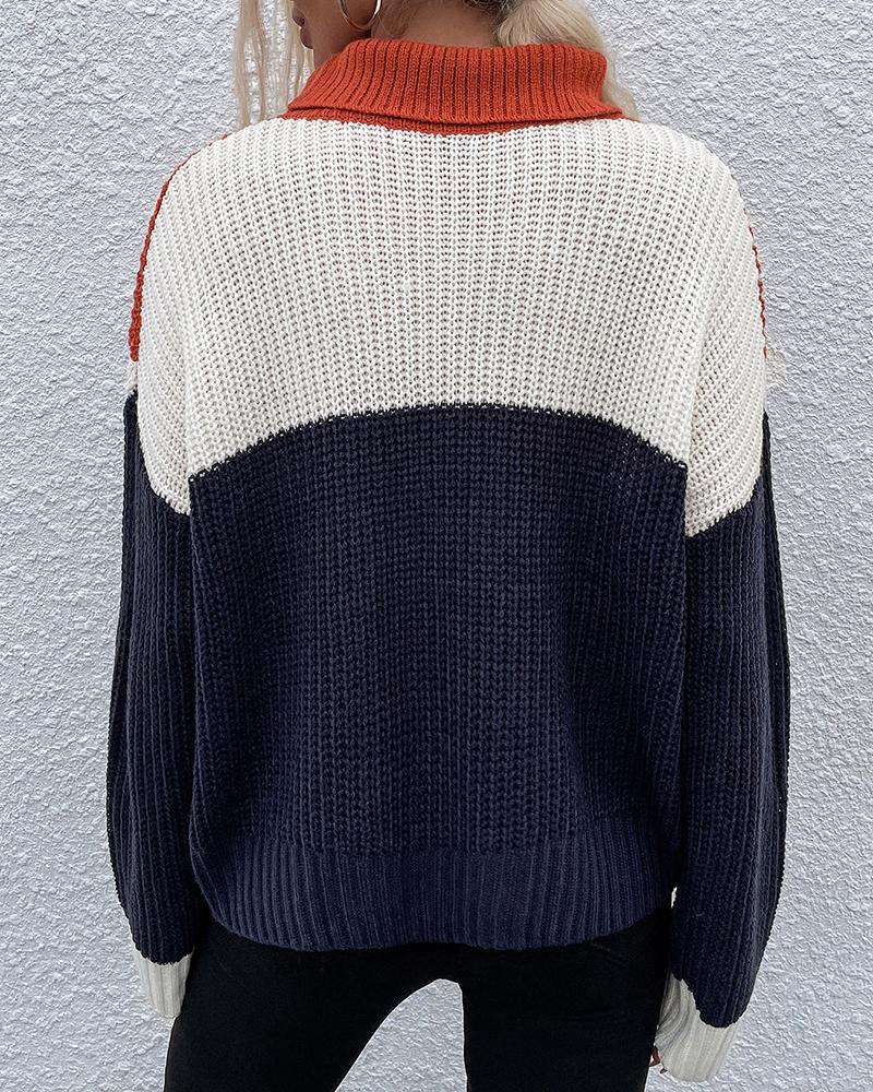 Colorblock High Neck Long Sleeve Sweater-Pinkami