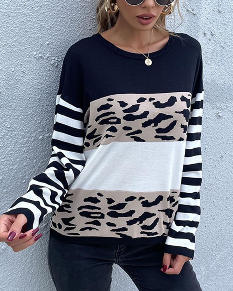Striped & Leopard Print Round Neck Sweater-Pinkami