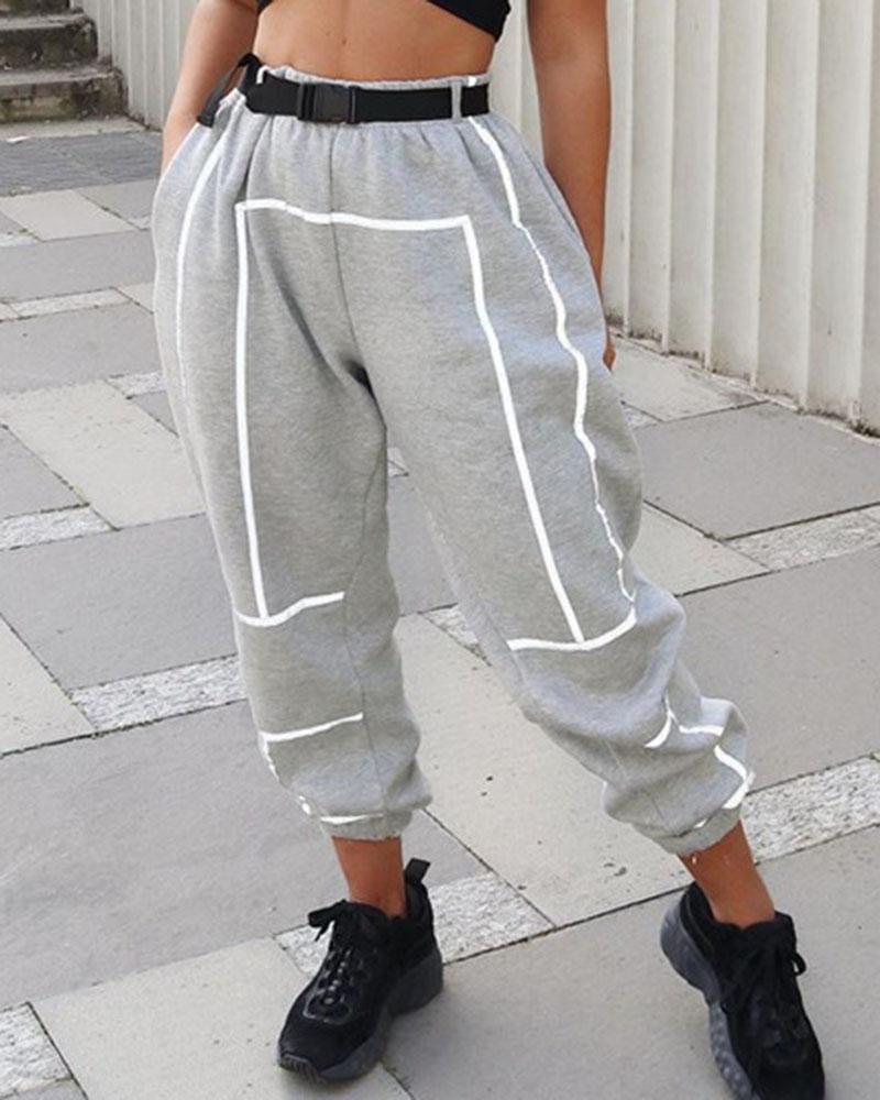 Contrast Binding Pocket Decor High Waist Sports Pants With Belt For Women-Pinkami