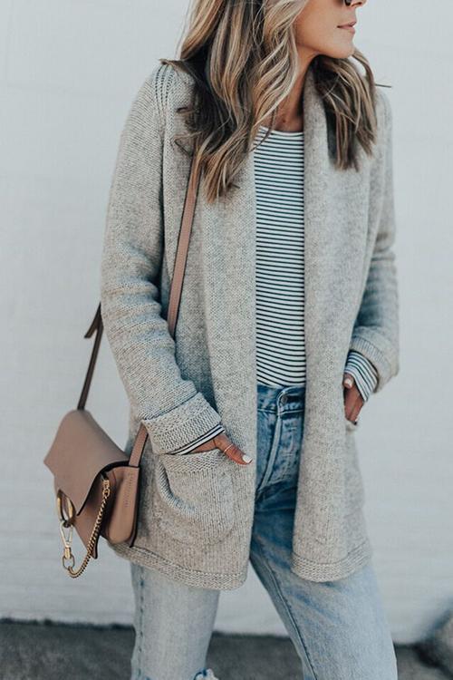 Simple Double Pocket Knit Cardigan-Pinkami