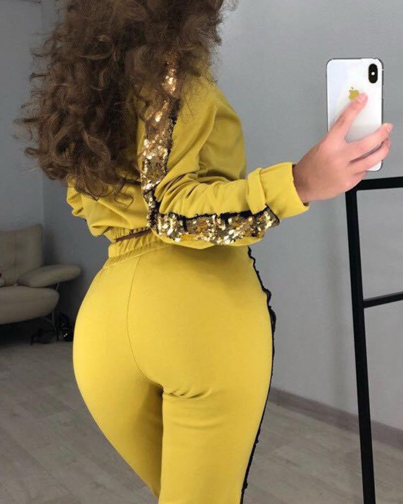 Sequins Decor Tape Zip Up Front Top & Cropped Pants Set-Pinkami