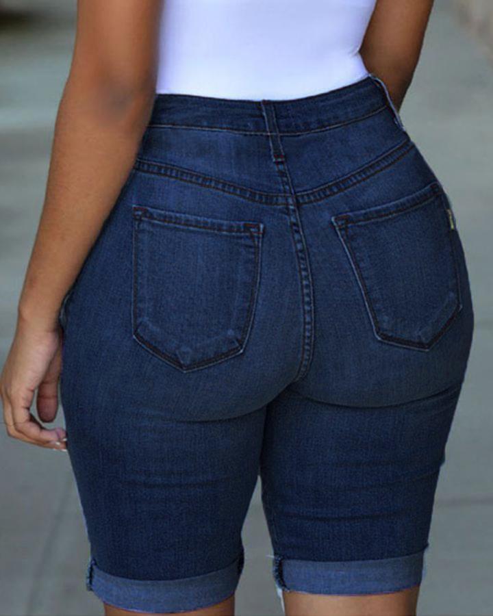 Women Extreme Distressed Roll Up Hem Denim Shorts-Pinkami