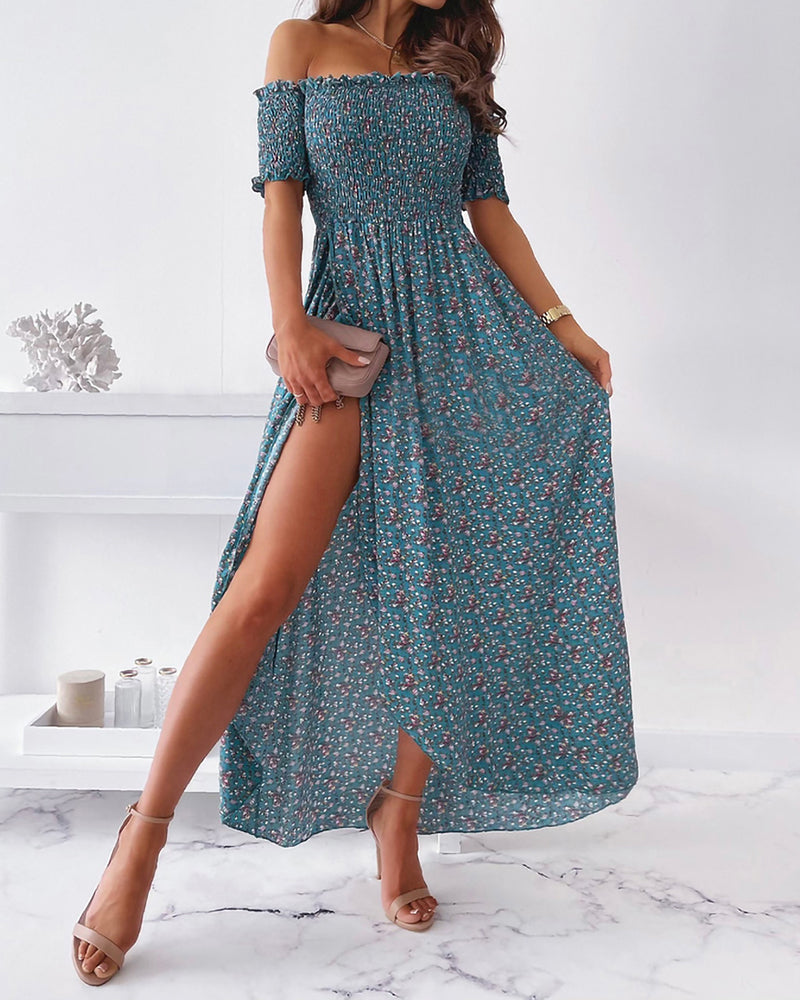 Ditsy Floral Print Shirred Split Thigh Off Shoulder Dress
