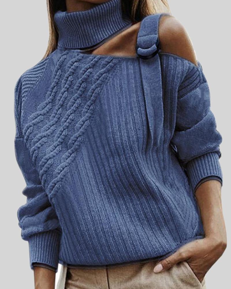 Turtleneck Mixed Knit Buckle Decor Cutout Sweater-Pinkami