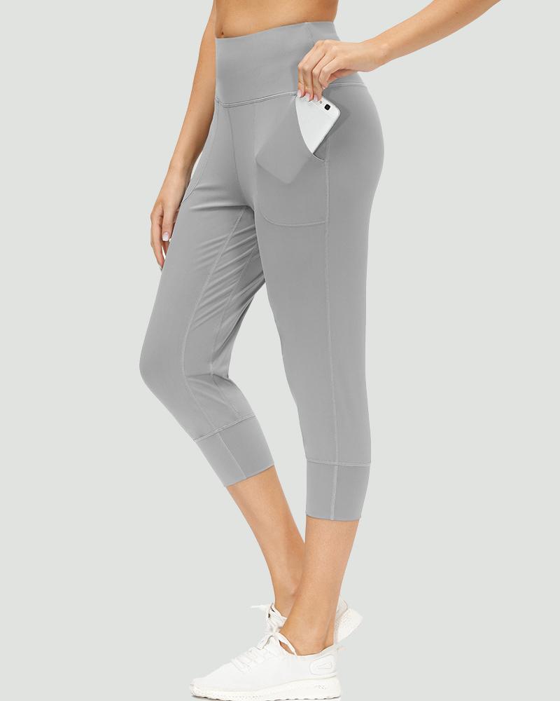 Slant Pocket Wide Waistband Elastic Hem Sports Leggings For Women-Pinkami