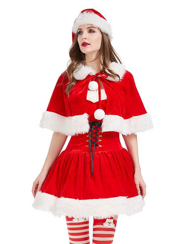 Mrs Claus Costume Cute Santa Dress Womens Christmas Cloak Skirt-Pinkami