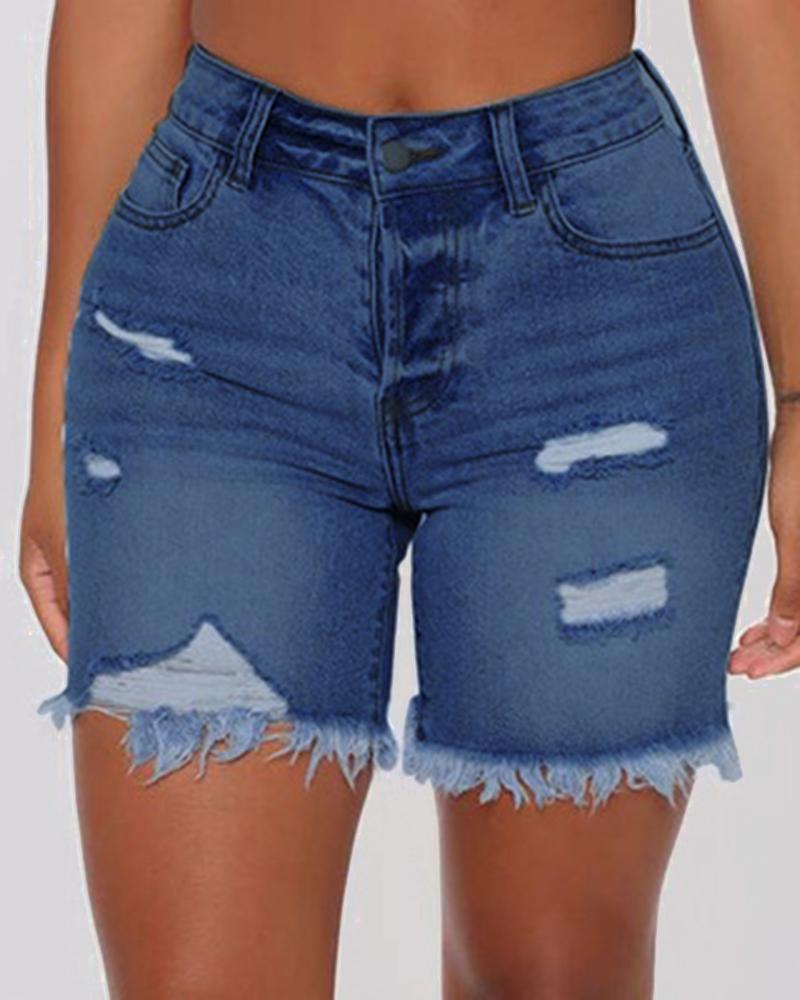 Women Ripped Raw Hem Pocket Detail Denim Shorts-Pinkami