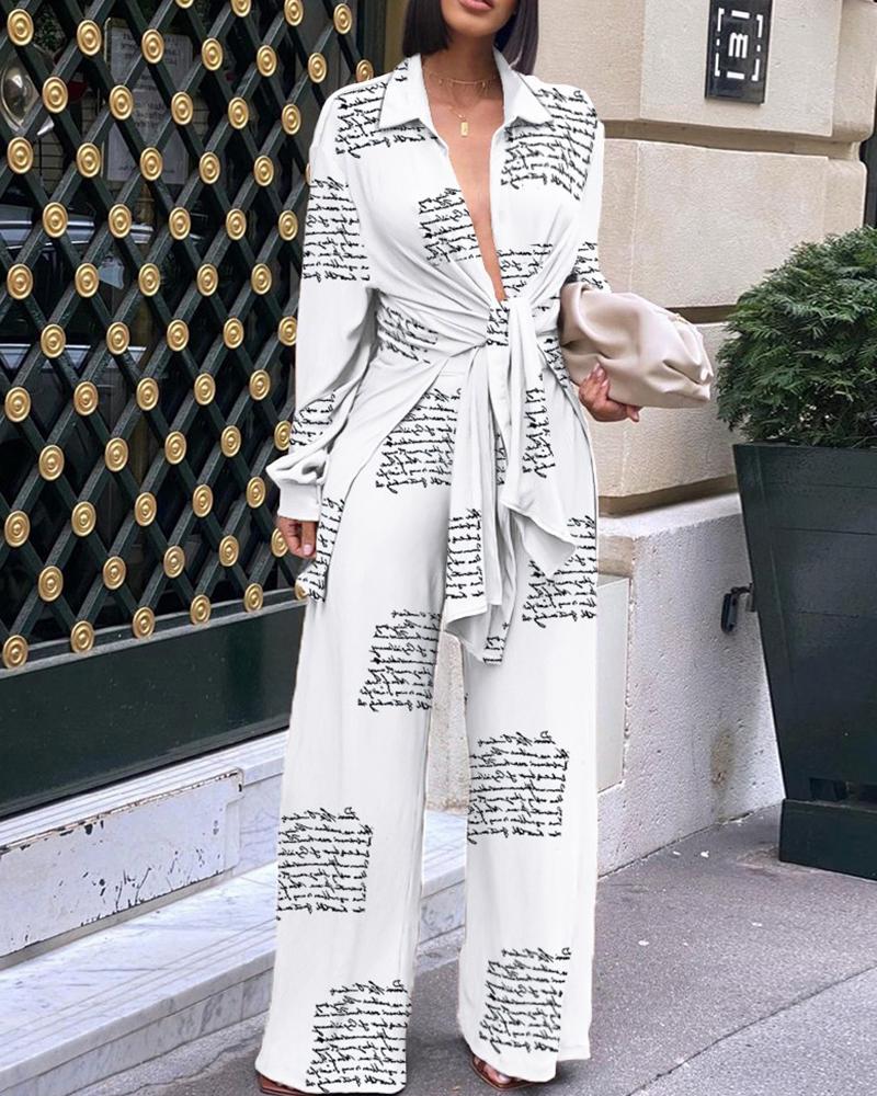 Self-Tie Split Hem Shirt & Wide Leg Pants Set-Pinkami