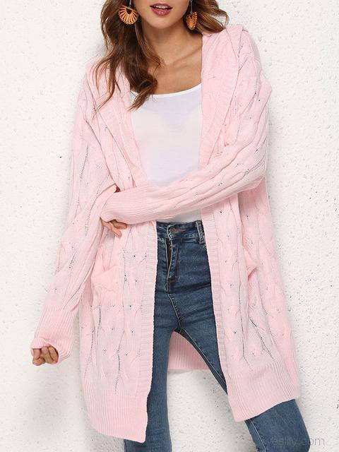 Knitted Twist Hooded Cardigan Sweater Coat-Pinkami