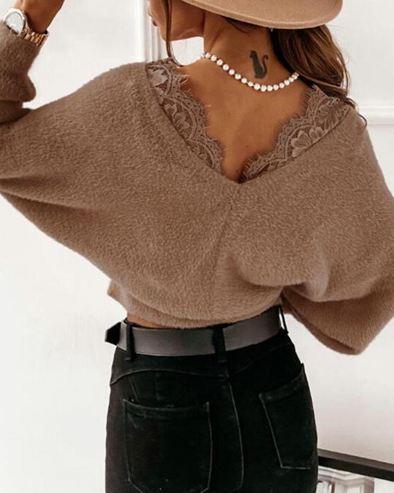 Solid Floral Lace Wrap Fuzzy Blouse-Pinkami