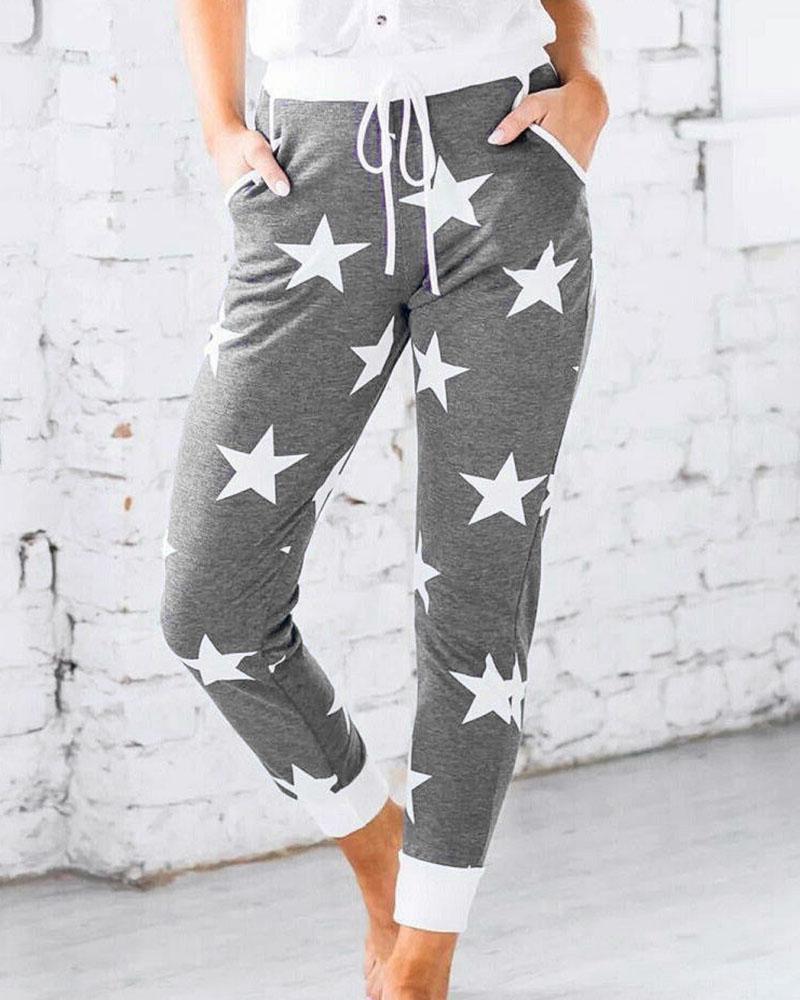 Star Print Drawstring Waist Pocket Side Sports Pants For Women-Pinkami