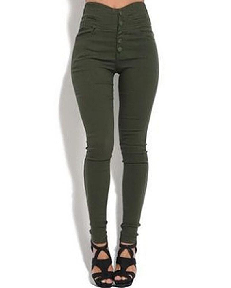 Women V Wired Detail Button Fly High Waist Skinny Jeans-Pinkami