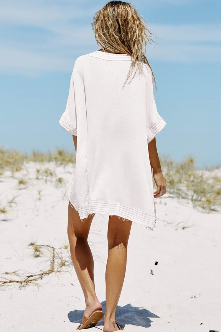 Casual Stripe V Neck Lace Up Semi Sheer Cover Up-Pinkami