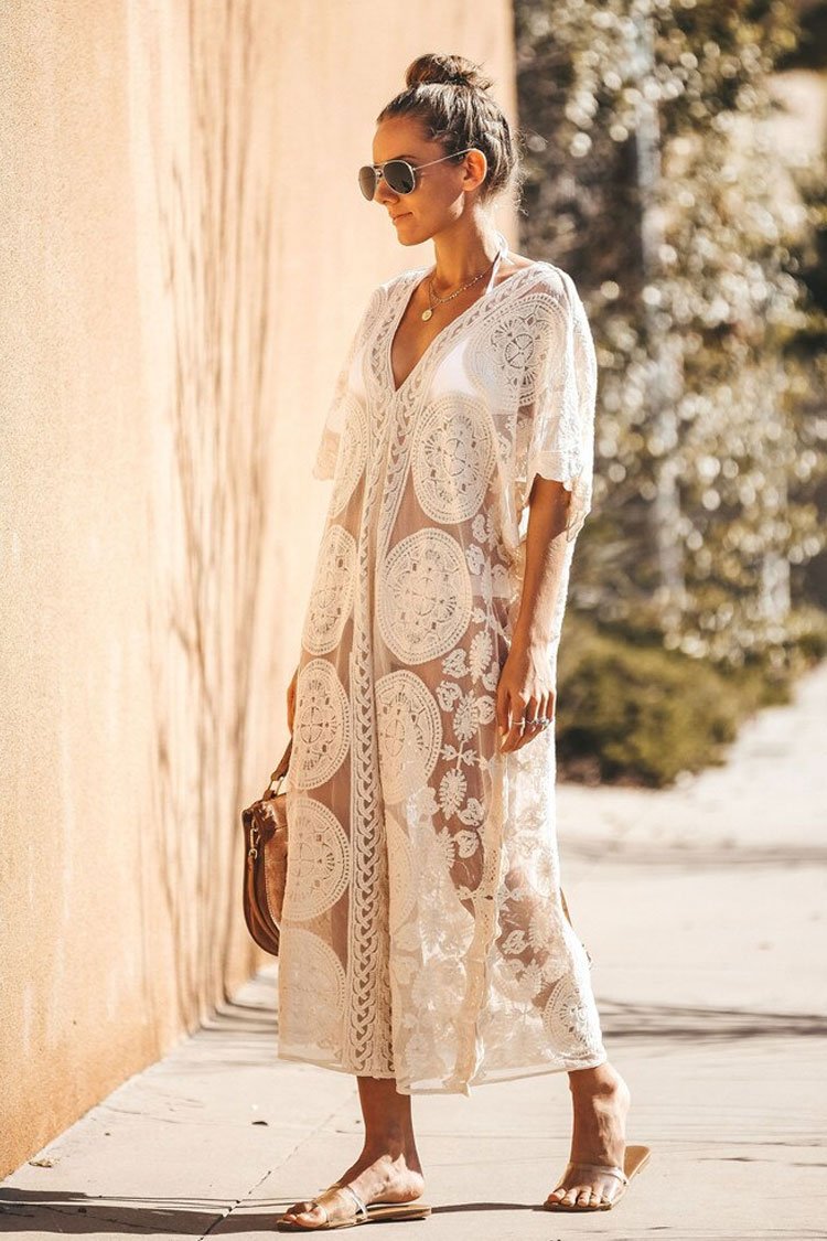 Scalloped Edge Sheer Lace Crochet Maxi Kaftan Boho Cover Up-Pinkami